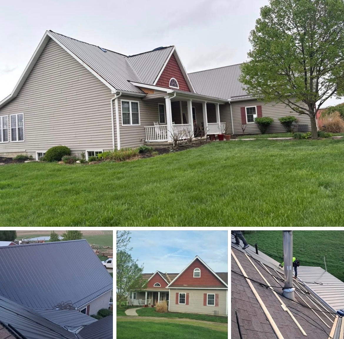 Metal-roof project collage showing a home and roofing details